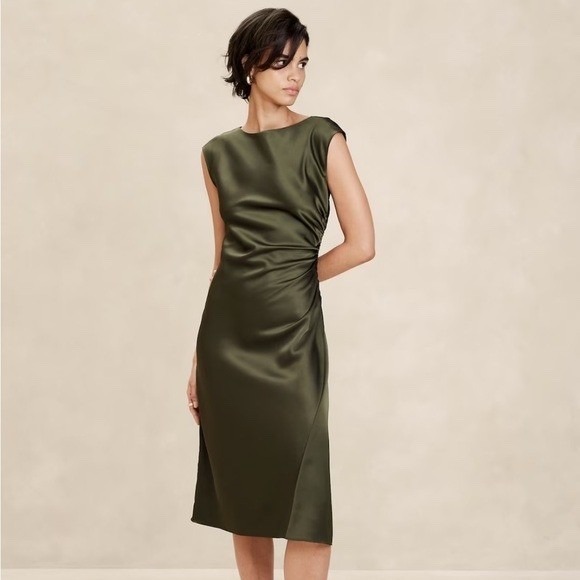 Banana Republic Dresses & Skirts - Banana Republic Olive Green Satin Ruched Midi Dress Cap Sleeve Size 8